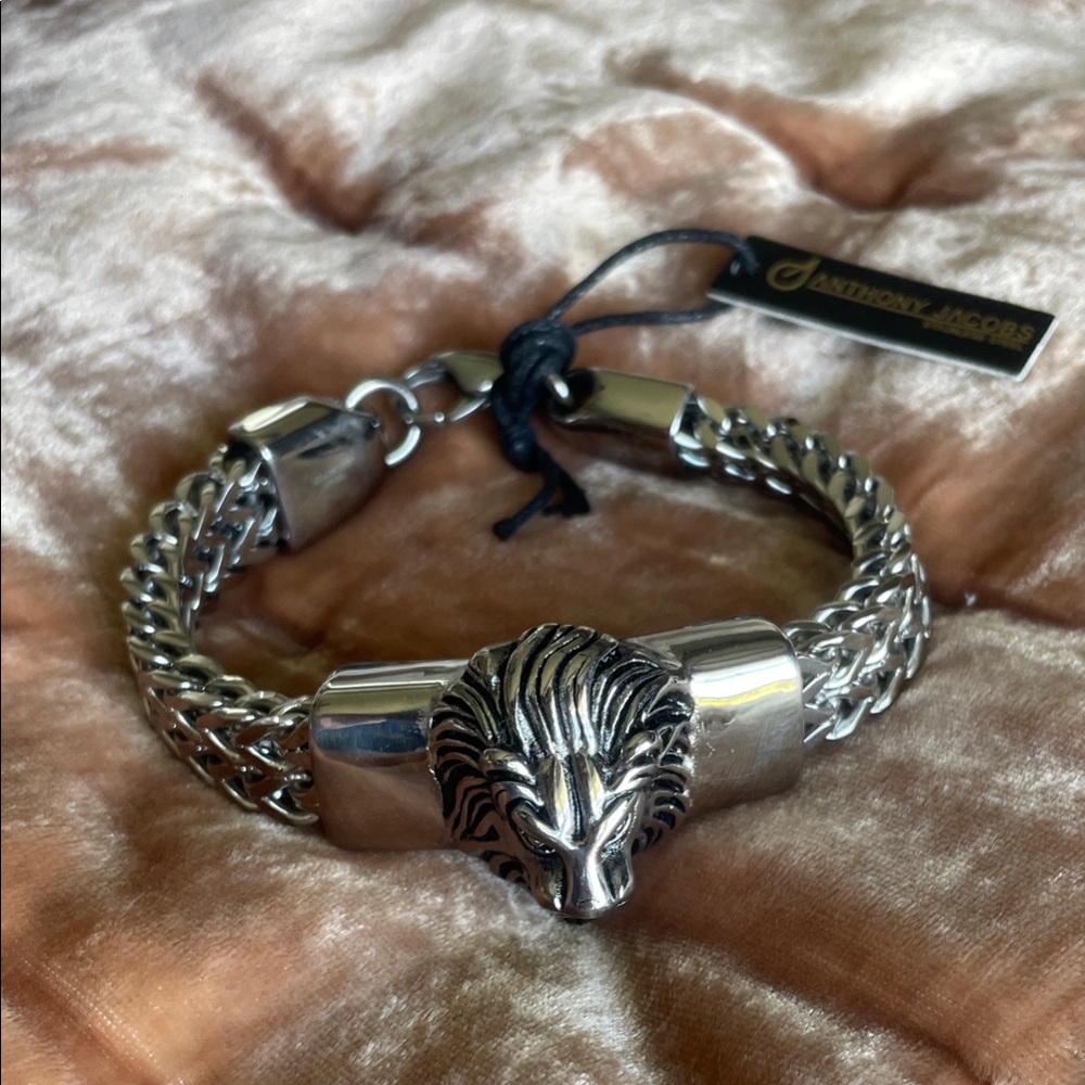 Silver Lion Head Bracelet Mens